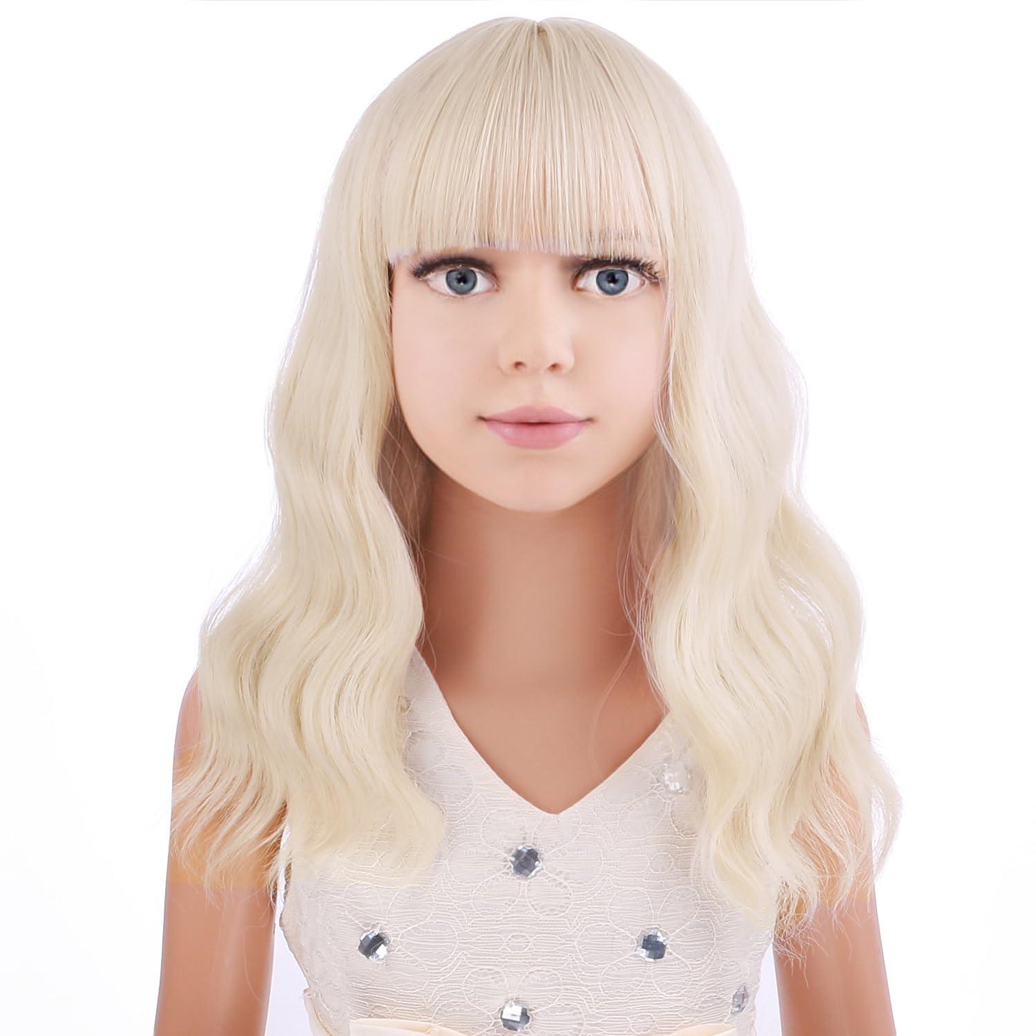 imageBlack Kids Child Wig Shoulder Length Black Wavy Wigs with Bangs for Gilrs Heat Resistant Synthetic Girls Wig Daily Wear WigsPlatinum Blonde
