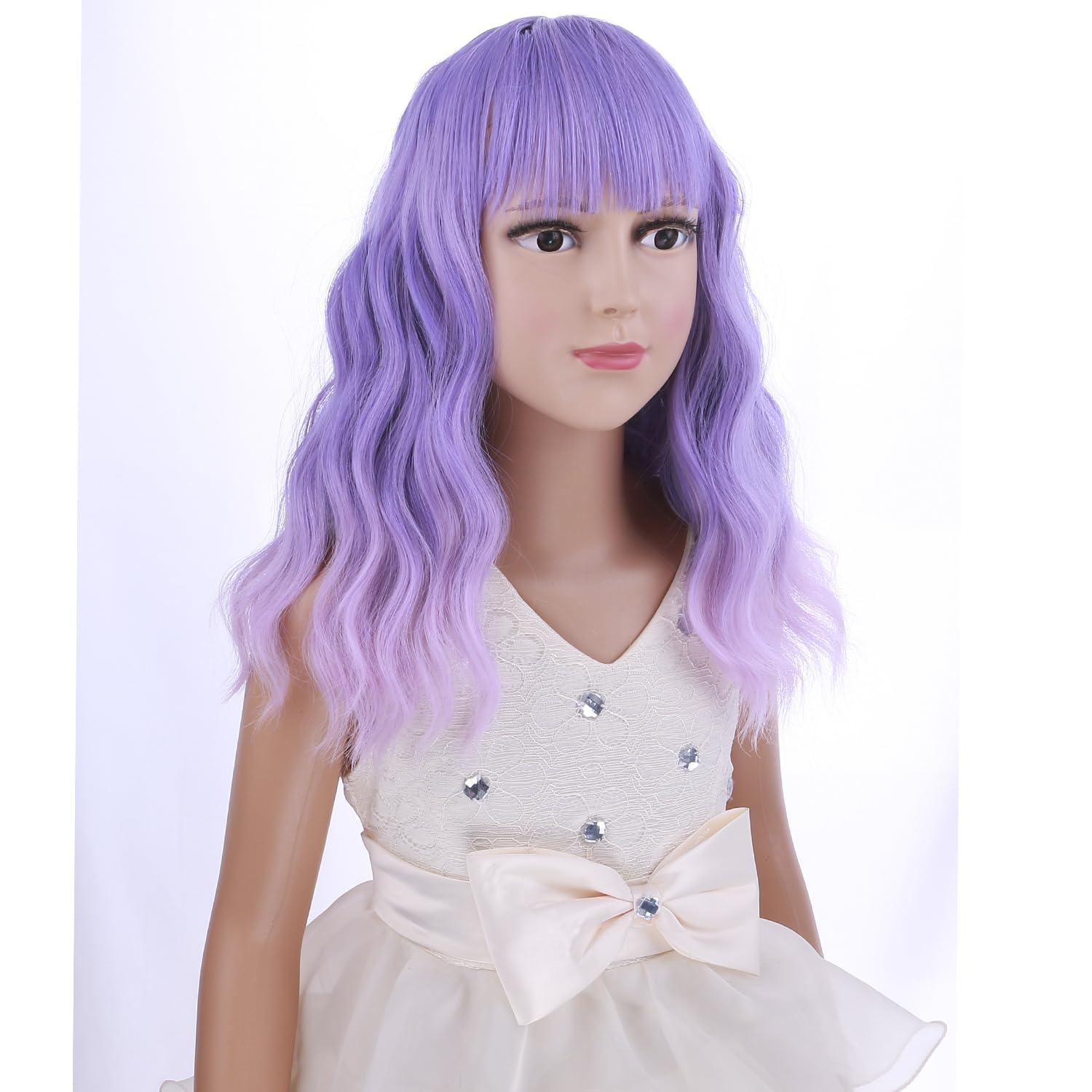 imageBlack Kids Child Wig Shoulder Length Black Wavy Wigs with Bangs for Gilrs Heat Resistant Synthetic Girls Wig Daily Wear WigsPurple Ombre Pink