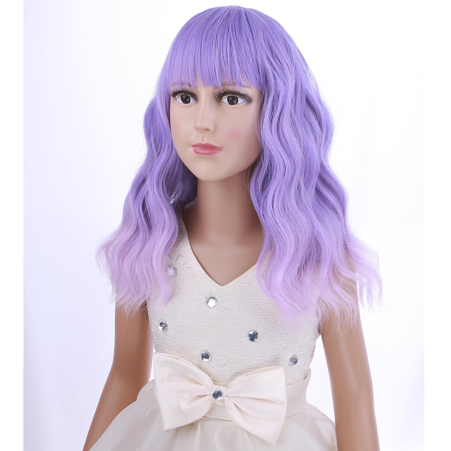 imageBlack Kids Child Wig Shoulder Length Black Wavy Wigs with Bangs for Gilrs Heat Resistant Synthetic Girls Wig Daily Wear WigsPurple Ombre Pink