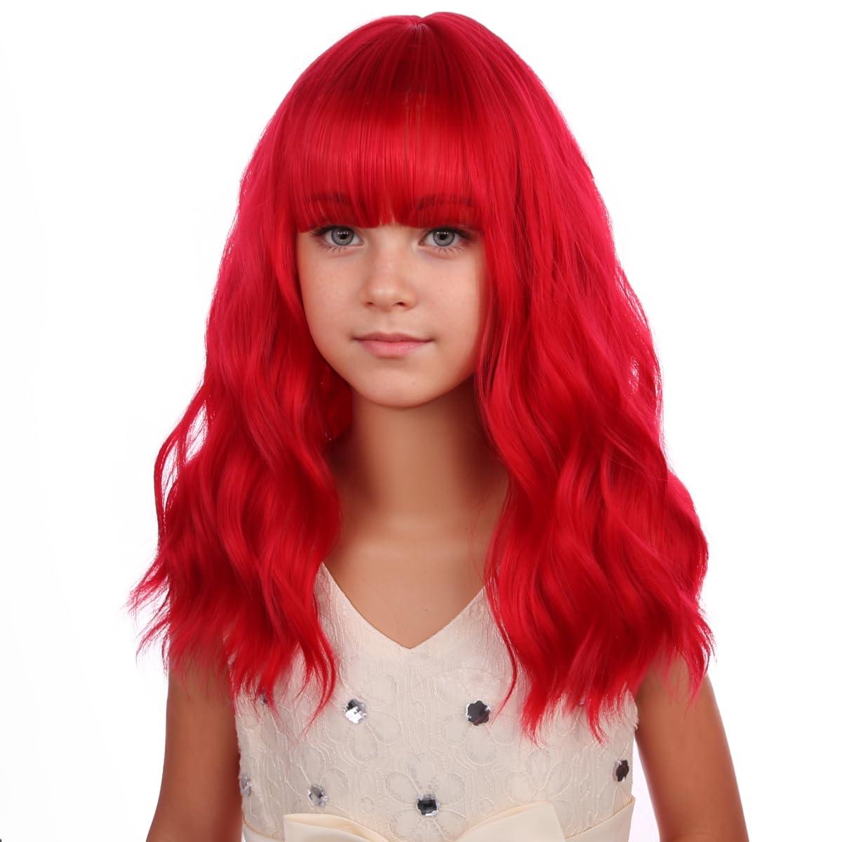 imageBlack Kids Child Wig Shoulder Length Black Wavy Wigs with Bangs for Gilrs Heat Resistant Synthetic Girls Wig Daily Wear WigsRed