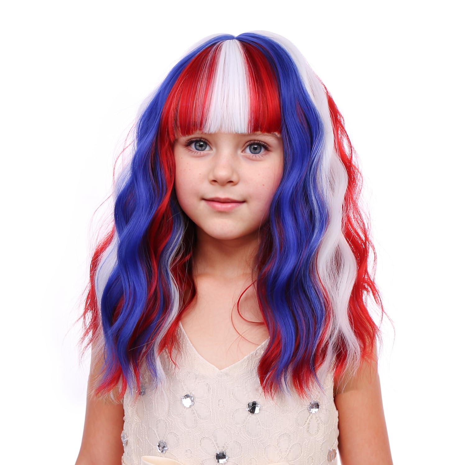 imageBlack Kids Child Wig Shoulder Length Black Wavy Wigs with Bangs for Gilrs Heat Resistant Synthetic Girls Wig Daily Wear WigsRed White and Blue