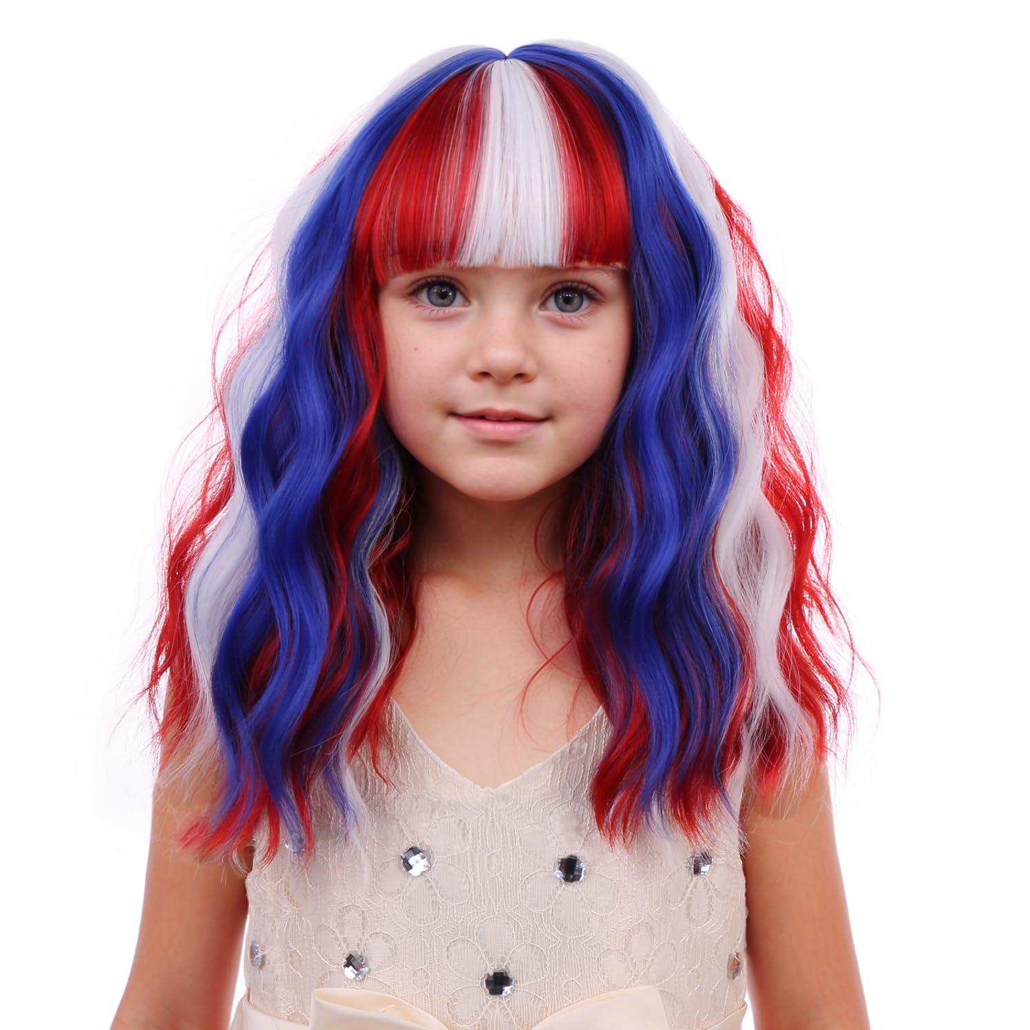 imageBlack Kids Child Wig Shoulder Length Black Wavy Wigs with Bangs for Gilrs Heat Resistant Synthetic Girls Wig Daily Wear WigsRed White and Blue