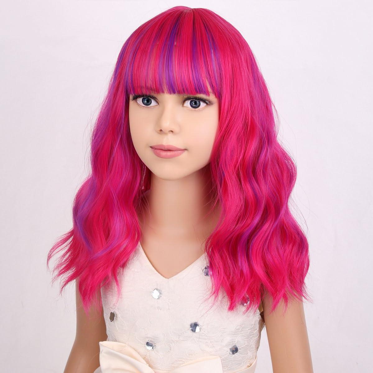 imageBlack Kids Child Wig Shoulder Length Black Wavy Wigs with Bangs for Gilrs Heat Resistant Synthetic Girls Wig Daily Wear WigsRose Mixed Purple