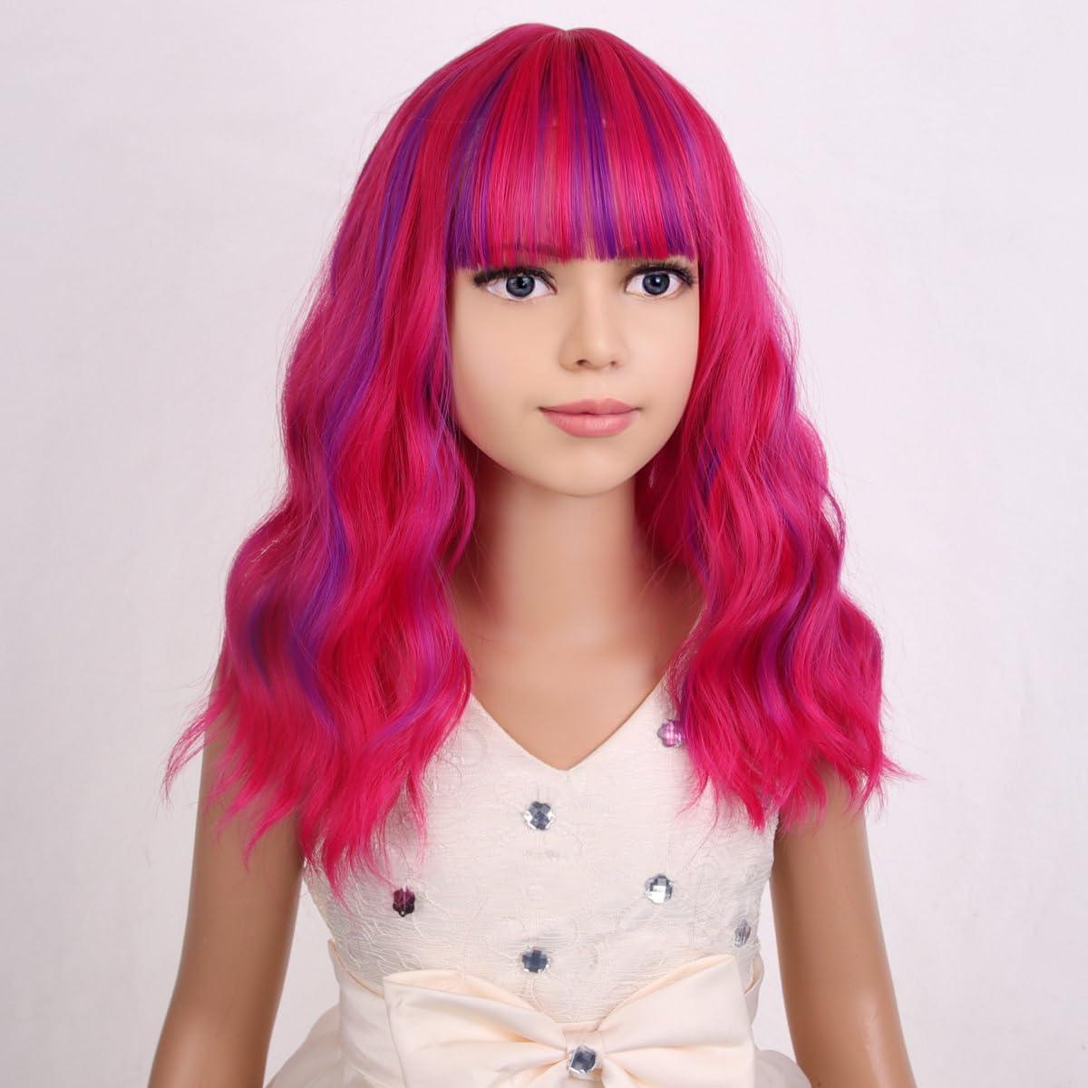 imageBlack Kids Child Wig Shoulder Length Black Wavy Wigs with Bangs for Gilrs Heat Resistant Synthetic Girls Wig Daily Wear WigsRose Mixed Purple