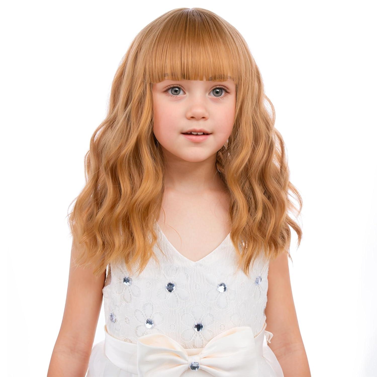imageBlack Kids Child Wig Shoulder Length Black Wavy Wigs with Bangs for Gilrs Heat Resistant Synthetic Girls Wig Daily Wear WigsStrawberry Blonde
