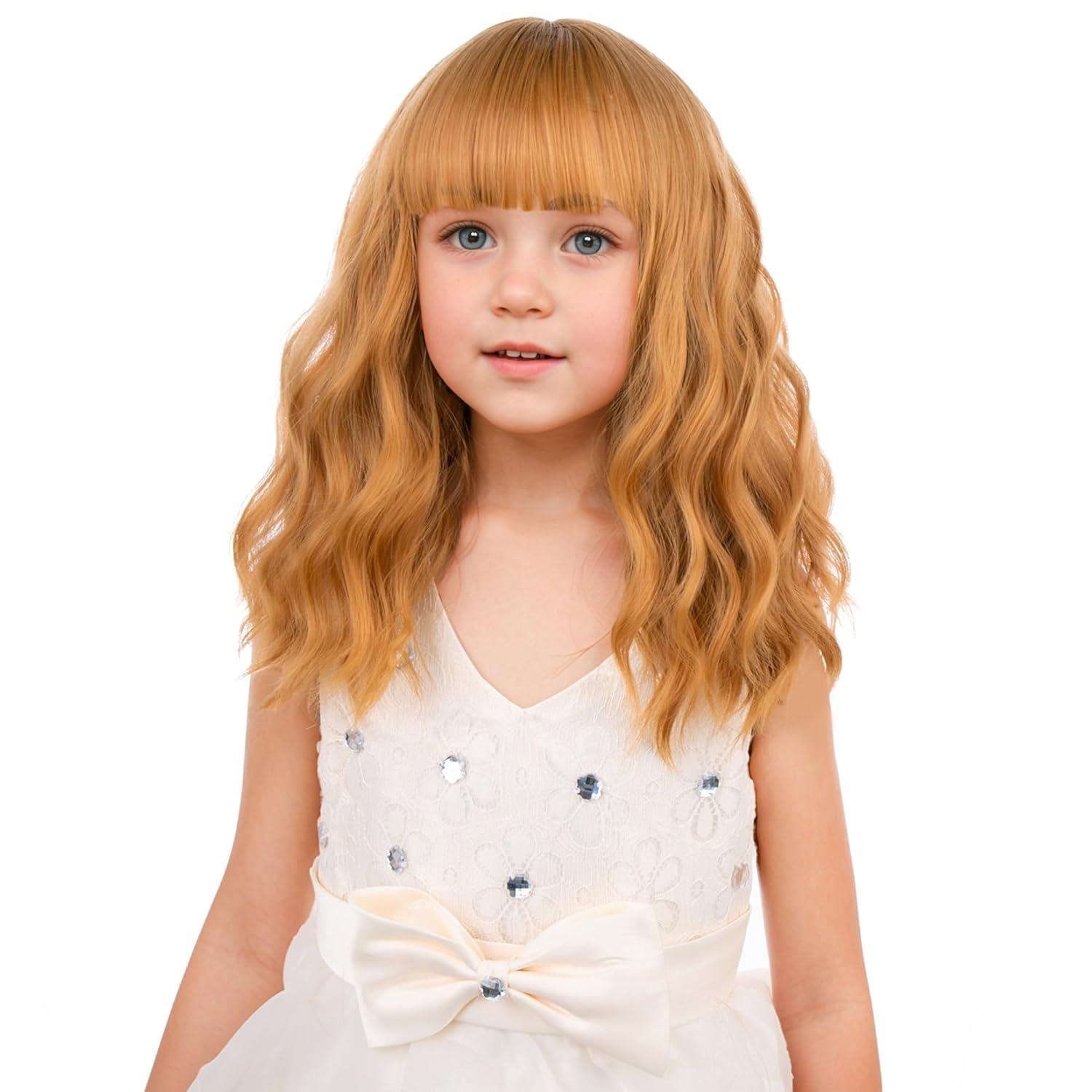 imageBlack Kids Child Wig Shoulder Length Black Wavy Wigs with Bangs for Gilrs Heat Resistant Synthetic Girls Wig Daily Wear WigsStrawberry Blonde