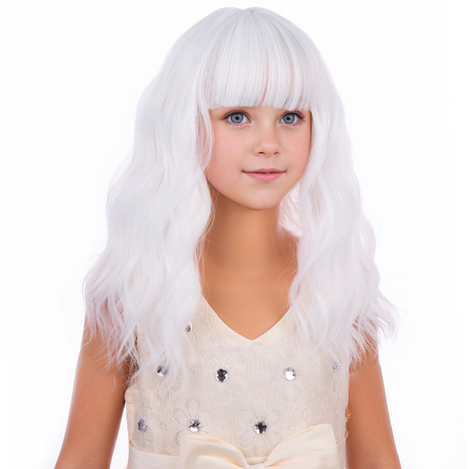 imageBlack Kids Child Wig Shoulder Length Black Wavy Wigs with Bangs for Gilrs Heat Resistant Synthetic Girls Wig Daily Wear WigsWhite