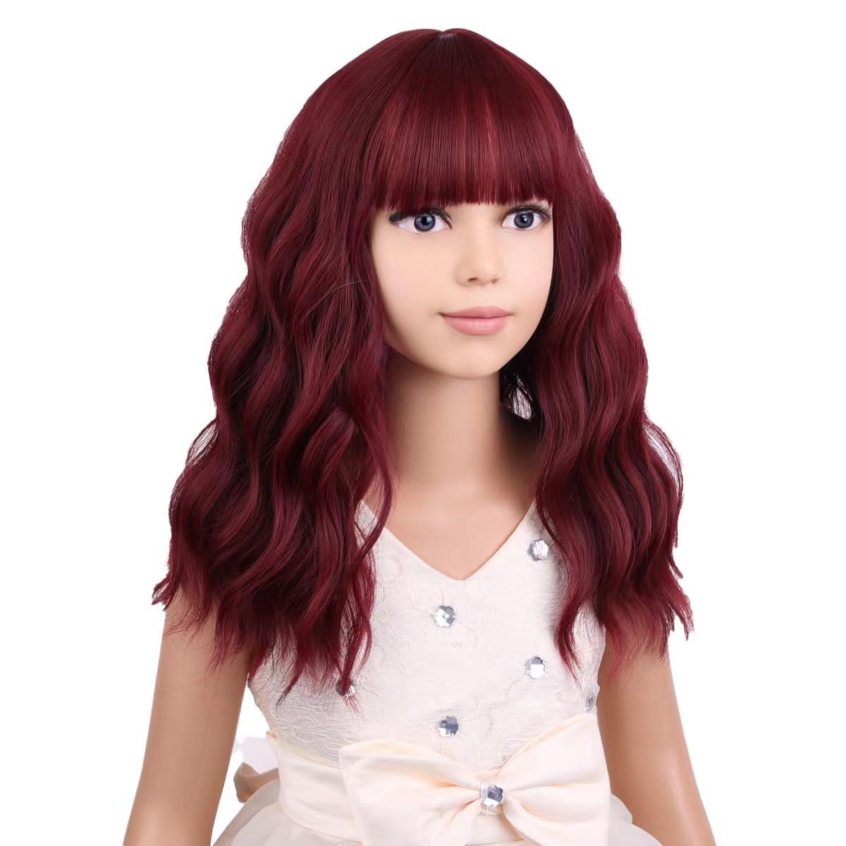 imageBlack Kids Child Wig Shoulder Length Black Wavy Wigs with Bangs for Gilrs Heat Resistant Synthetic Girls Wig Daily Wear WigsWine Red