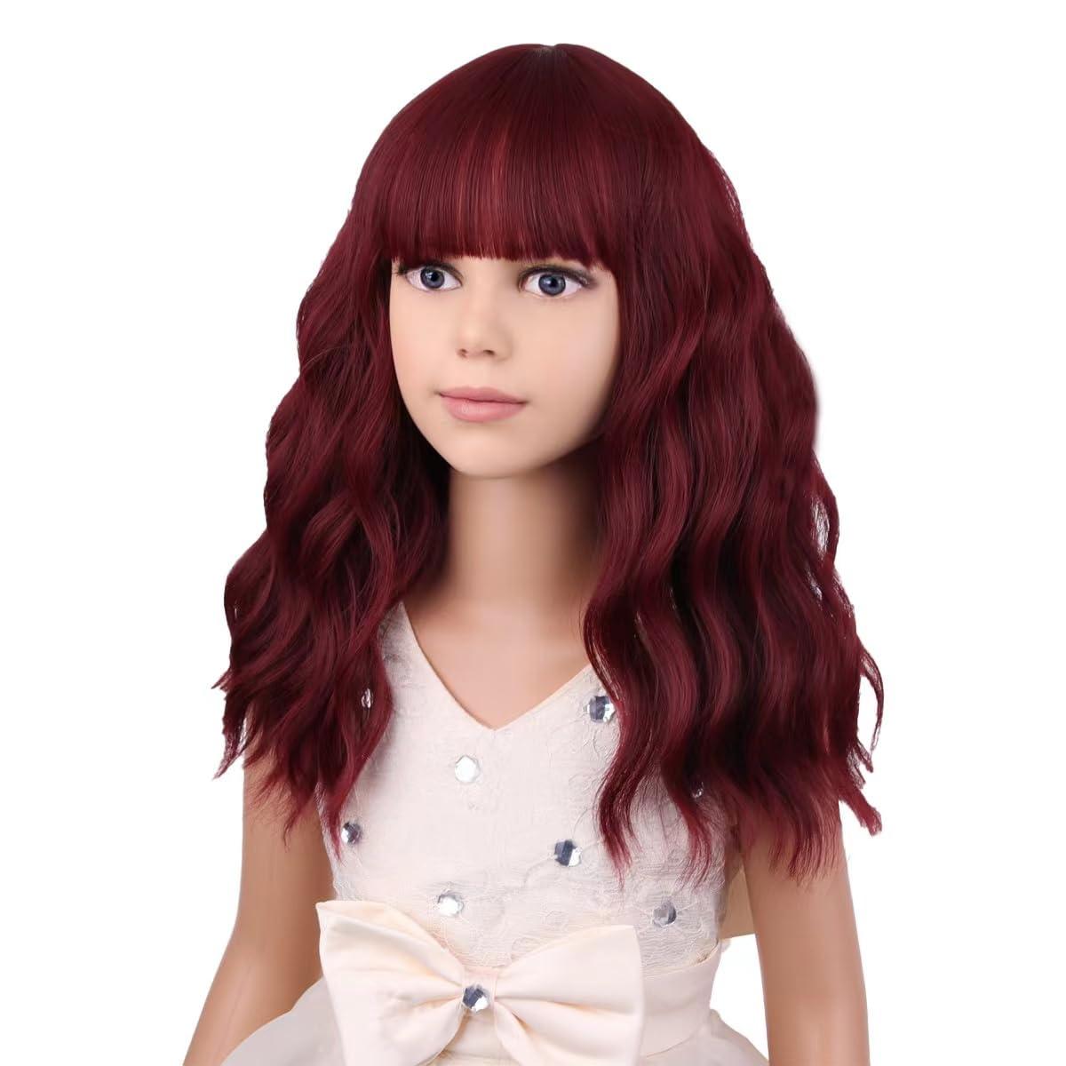 imageBlack Kids Child Wig Shoulder Length Black Wavy Wigs with Bangs for Gilrs Heat Resistant Synthetic Girls Wig Daily Wear WigsWine Red