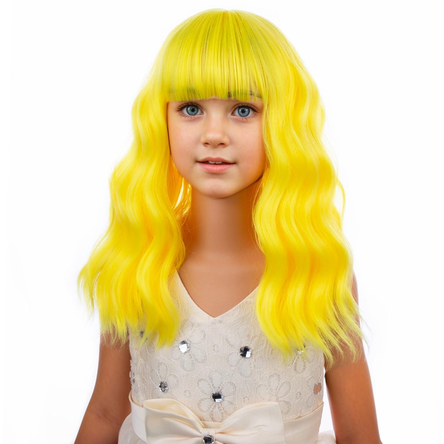imageBlack Kids Child Wig Shoulder Length Black Wavy Wigs with Bangs for Gilrs Heat Resistant Synthetic Girls Wig Daily Wear WigsYellow
