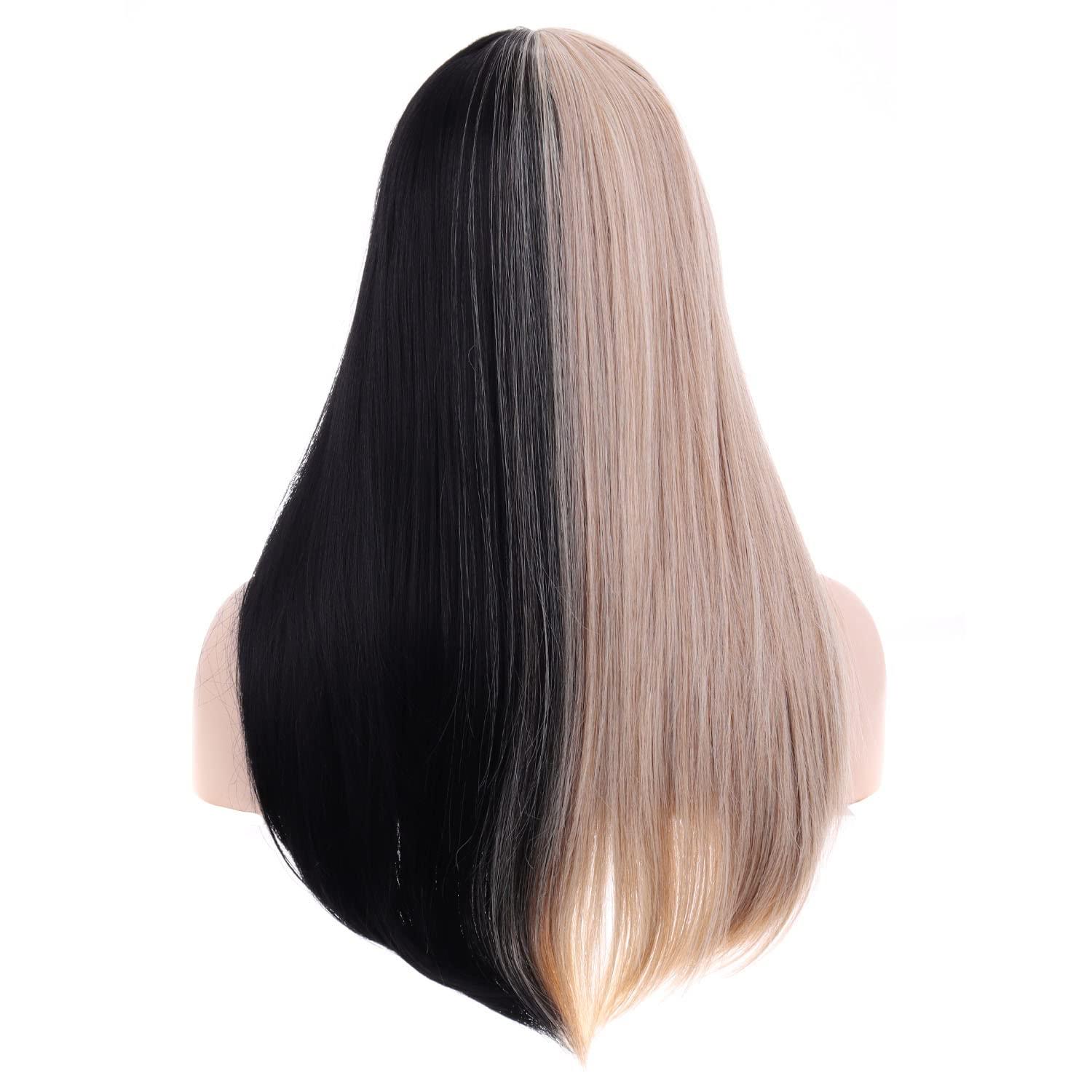 imageBlack and Blonde Wig Long Straight Wig for Women Split Wig Half Black Half Blonde Wigs Middle Part Heat Resistant Synthetic WigsBlack and Blonde