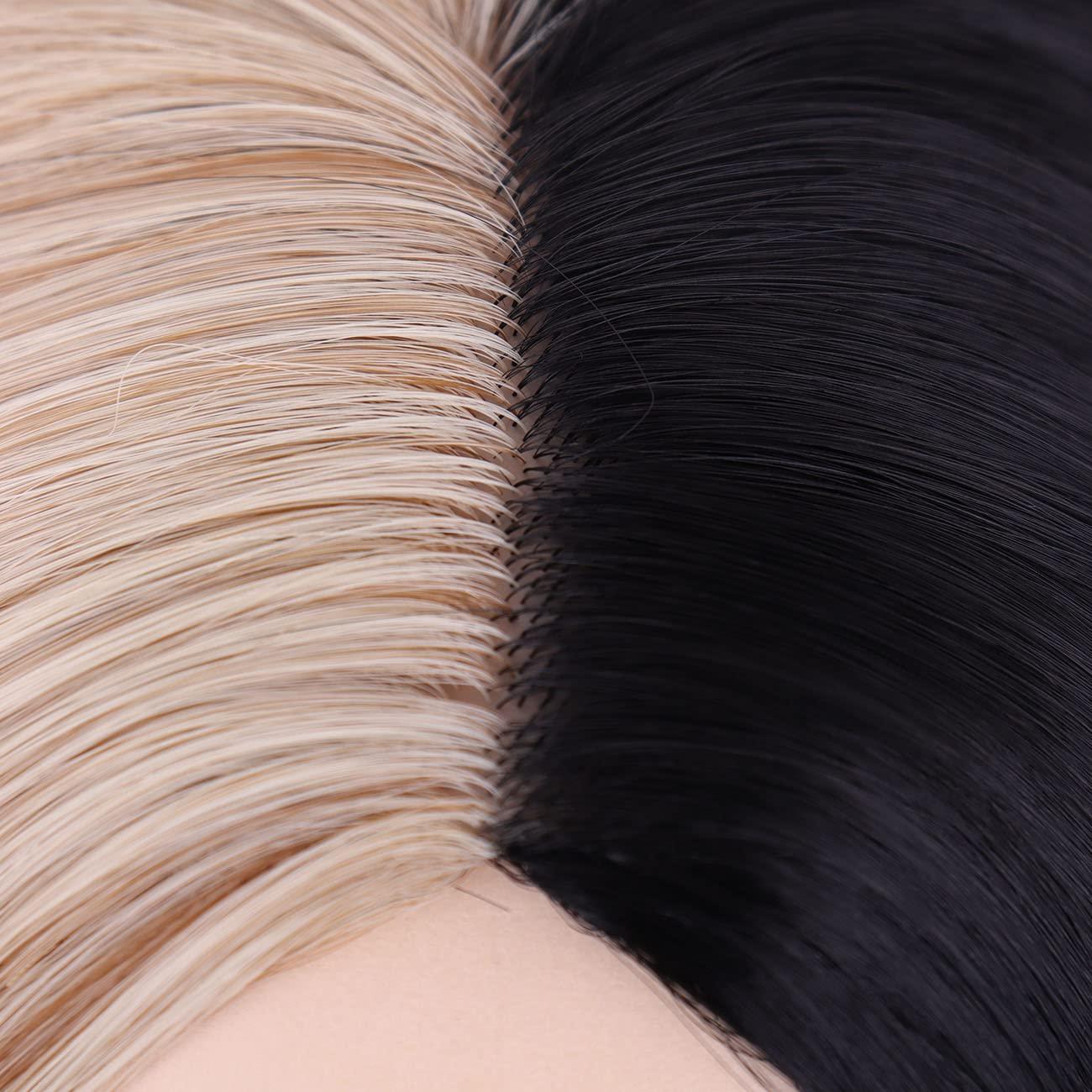 imageBlack and Blonde Wig Long Straight Wig for Women Split Wig Half Black Half Blonde Wigs Middle Part Heat Resistant Synthetic WigsBlack and Blonde