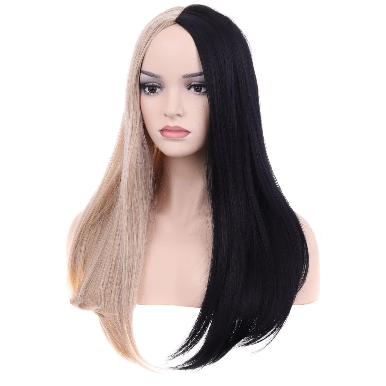 imageBlack and Blonde Wig Long Straight Wig for Women Split Wig Half Black Half Blonde Wigs Middle Part Heat Resistant Synthetic WigsBlack and Blonde