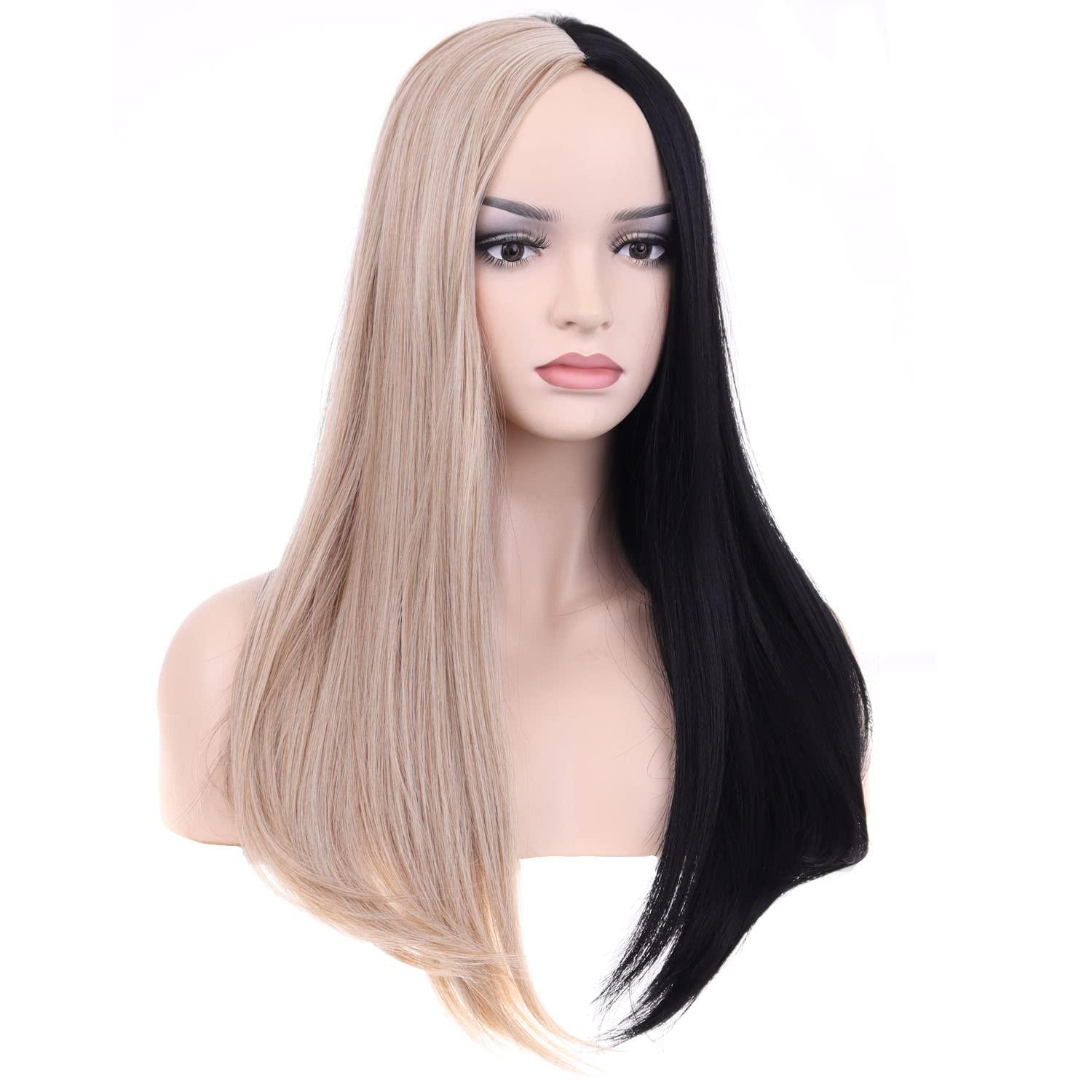 imageBlack and Blonde Wig Long Straight Wig for Women Split Wig Half Black Half Blonde Wigs Middle Part Heat Resistant Synthetic WigsBlack and Blonde