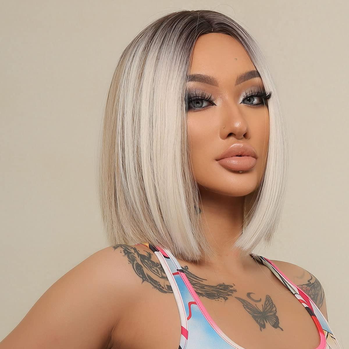 imageBlonde Bob Wig for Women Short Straight Ombre Blonde Wig Blonde Mixed Brown Wig with Dark Roots Heat Resistant Synthetic Wig with Wig Cap Ombre Blonde