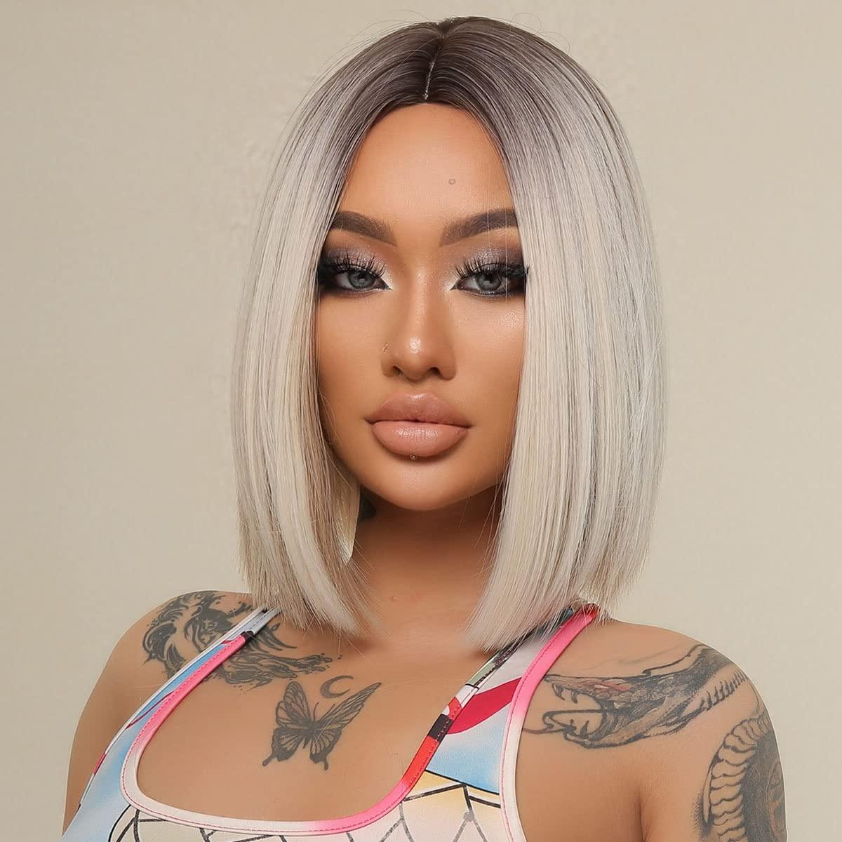 imageBlonde Bob Wig for Women Short Straight Ombre Blonde Wig Blonde Mixed Brown Wig with Dark Roots Heat Resistant Synthetic Wig with Wig Cap Ombre Blonde