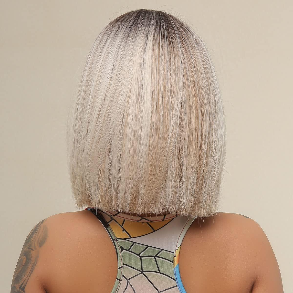 imageBlonde Bob Wig for Women Short Straight Ombre Blonde Wig Blonde Mixed Brown Wig with Dark Roots Heat Resistant Synthetic Wig with Wig Cap Ombre Blonde