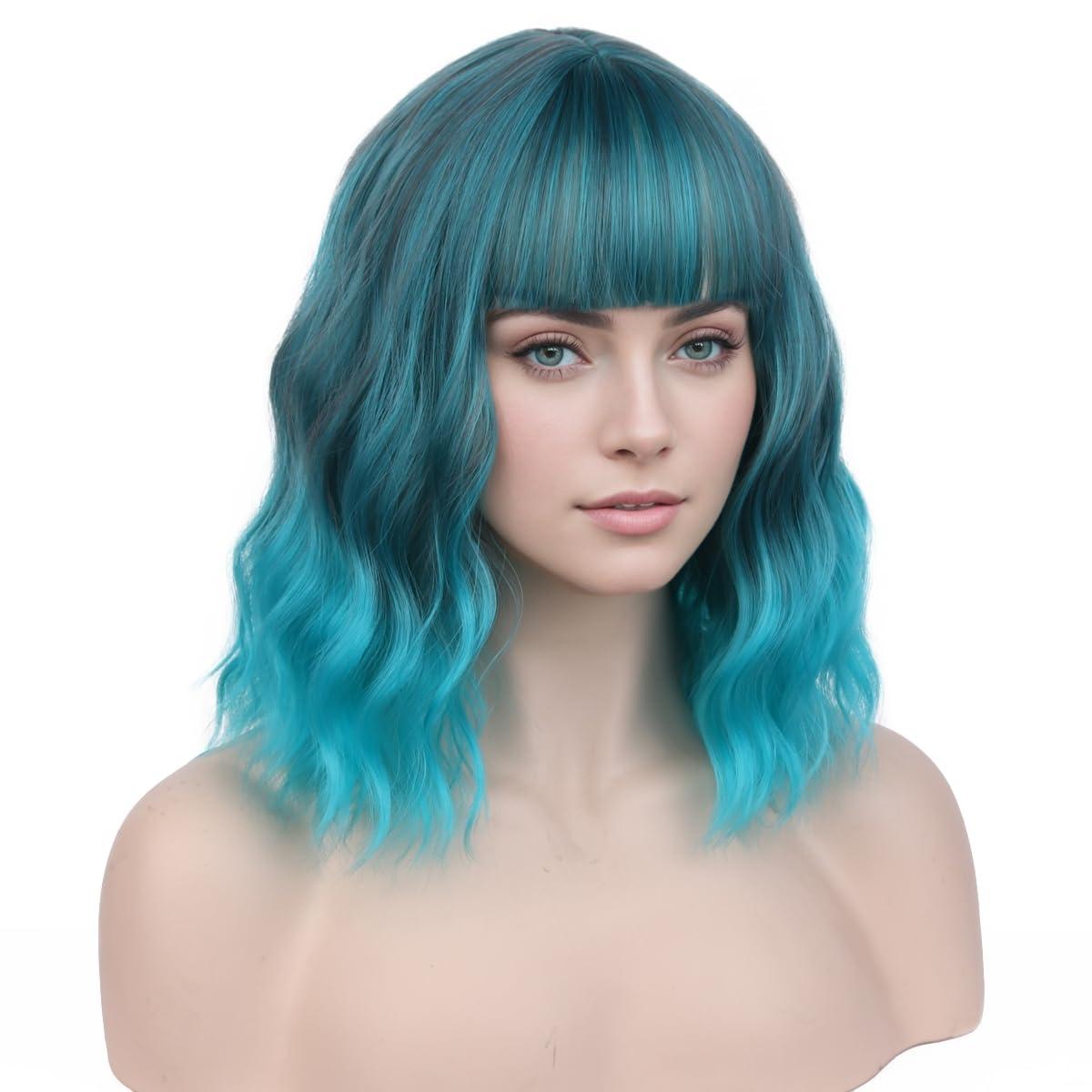 imageBlonde Wig Short Wavy Ash Blonde Wig with Bangs Flaxen Blonde Wigs for Women Girls Heat Resistant Synthetic WigsAsh BlondeMixed Blue