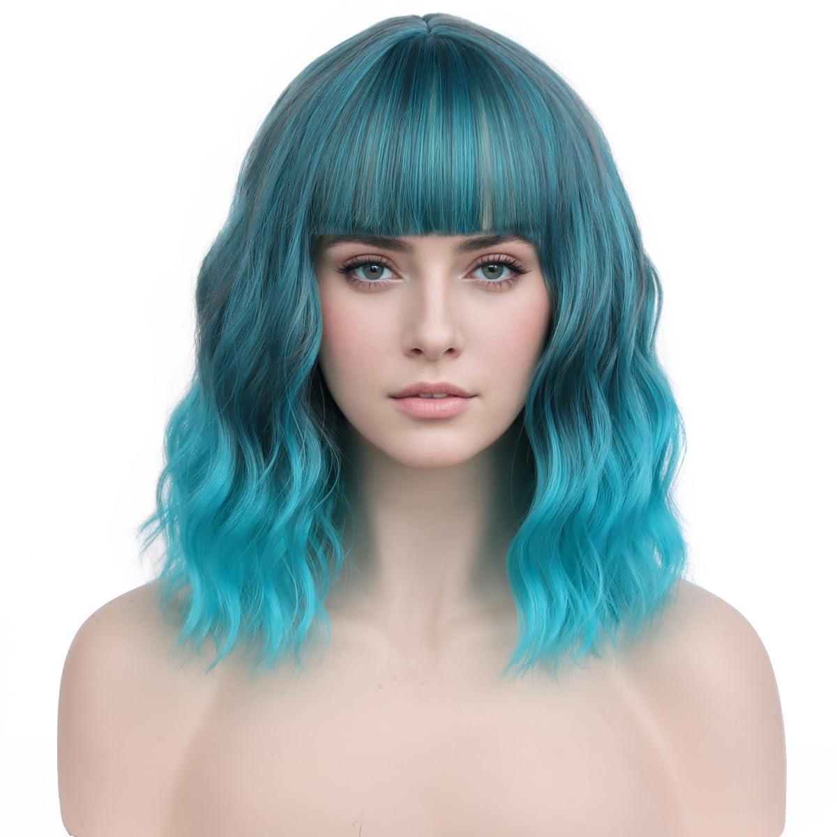 imageBlonde Wig Short Wavy Ash Blonde Wig with Bangs Flaxen Blonde Wigs for Women Girls Heat Resistant Synthetic WigsAsh BlondeMixed Blue