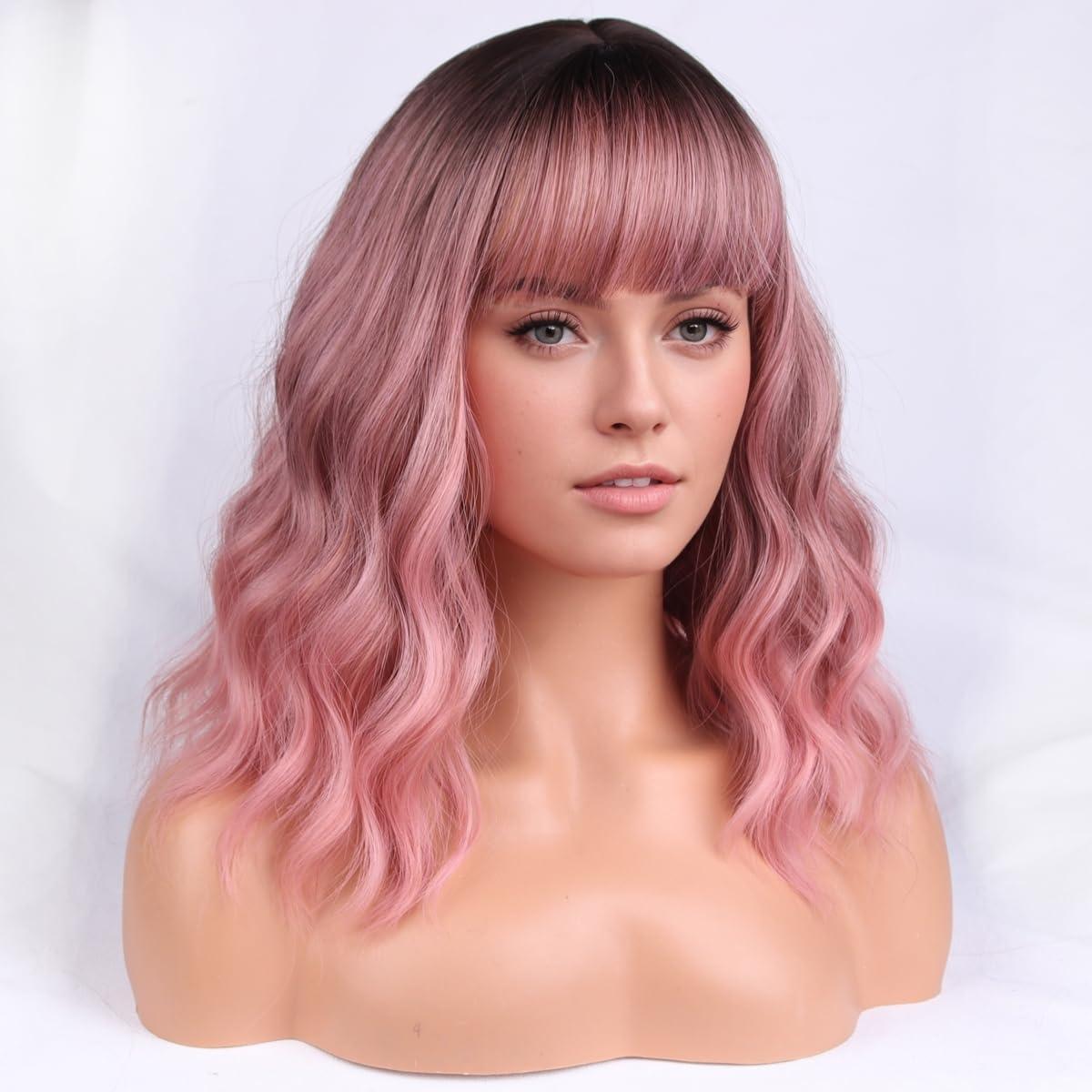 imageBlonde Wig Short Wavy Ash Blonde Wig with Bangs Flaxen Blonde Wigs for Women Girls Heat Resistant Synthetic WigsAsh BlondeOmbre Pink
