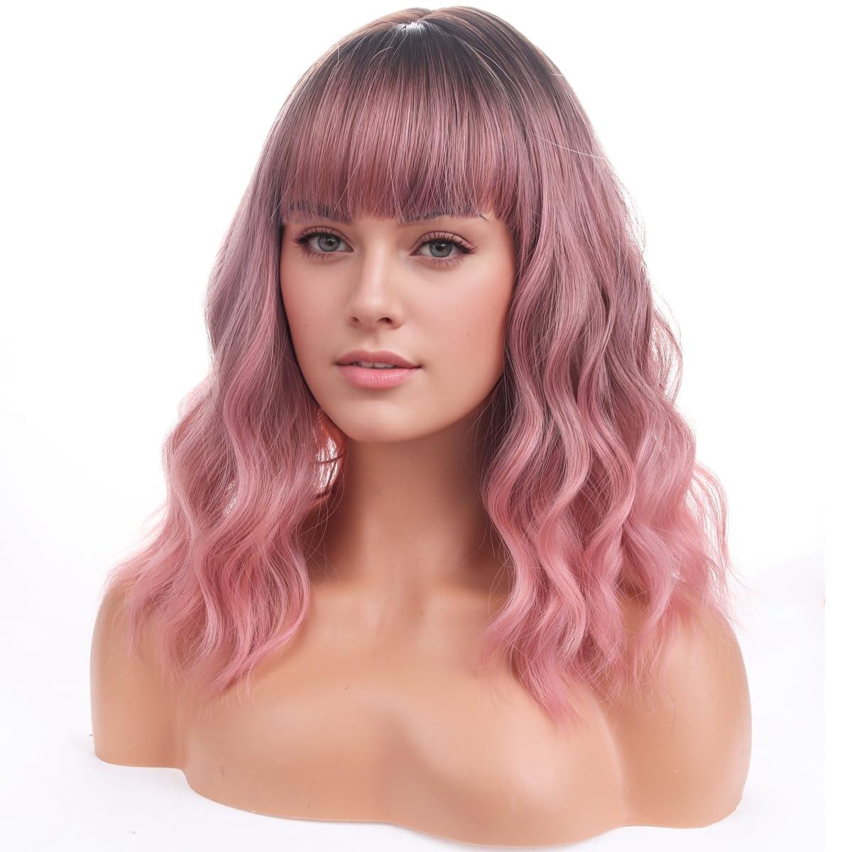 imageBlonde Wig Short Wavy Ash Blonde Wig with Bangs Flaxen Blonde Wigs for Women Girls Heat Resistant Synthetic WigsAsh BlondeOmbre Pink
