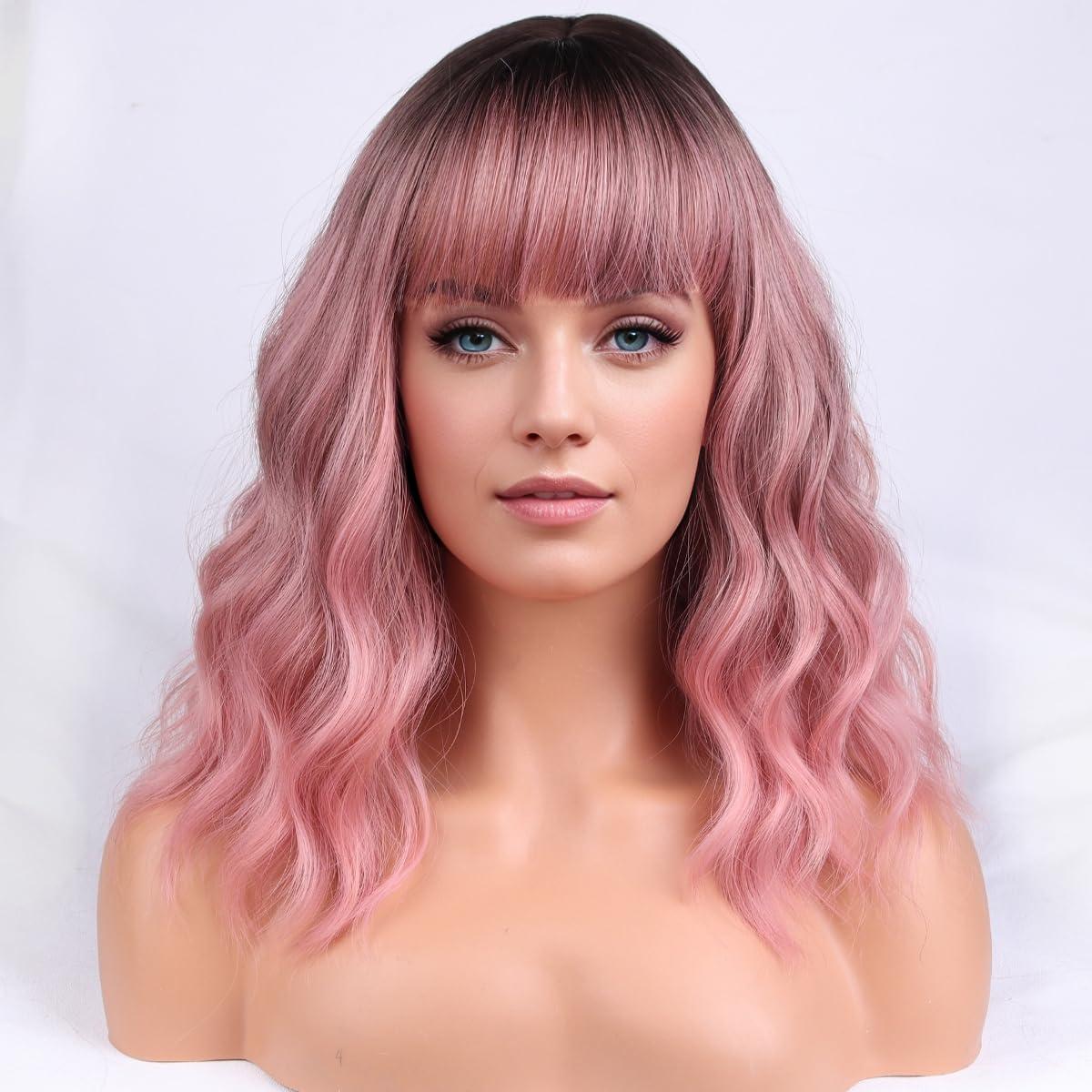 imageBlonde Wig Short Wavy Ash Blonde Wig with Bangs Flaxen Blonde Wigs for Women Girls Heat Resistant Synthetic WigsAsh BlondeOmbre Pink