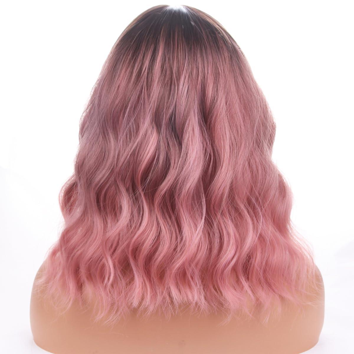 imageBlonde Wig Short Wavy Ash Blonde Wig with Bangs Flaxen Blonde Wigs for Women Girls Heat Resistant Synthetic WigsAsh BlondeOmbre Pink