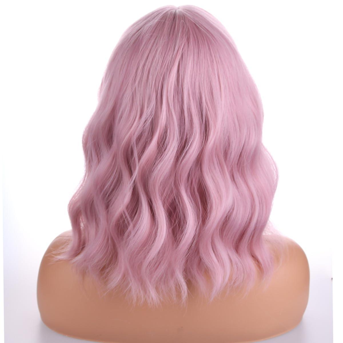 imageBlonde Wig Short Wavy Ash Blonde Wig with Bangs Flaxen Blonde Wigs for Women Girls Heat Resistant Synthetic WigsAsh BlondePink
