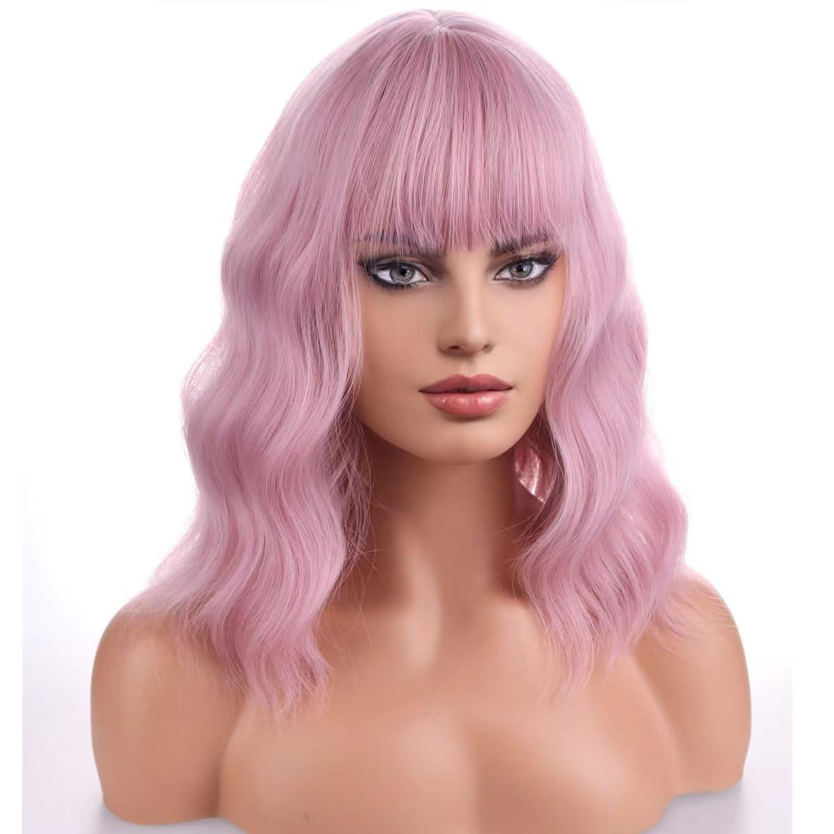 imageBlonde Wig Short Wavy Ash Blonde Wig with Bangs Flaxen Blonde Wigs for Women Girls Heat Resistant Synthetic WigsAsh BlondePink