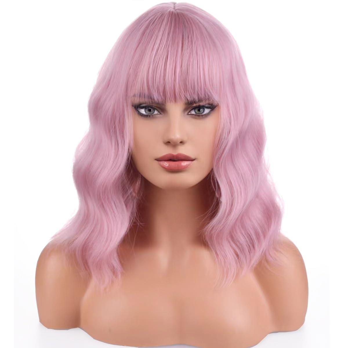imageBlonde Wig Short Wavy Ash Blonde Wig with Bangs Flaxen Blonde Wigs for Women Girls Heat Resistant Synthetic WigsAsh BlondePink
