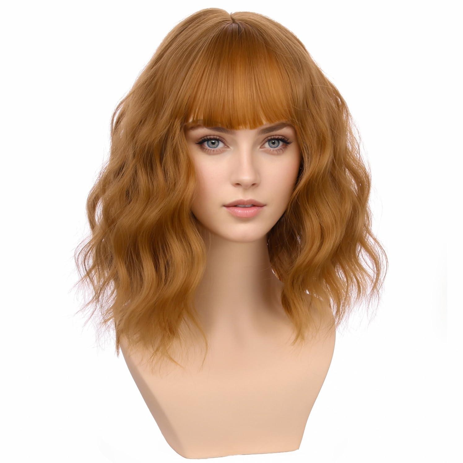 imageBlonde Wig Short Wavy Ash Blonde Wig with Bangs Flaxen Blonde Wigs for Women Girls Heat Resistant Synthetic WigsAsh BlondeStrawberry Blonde