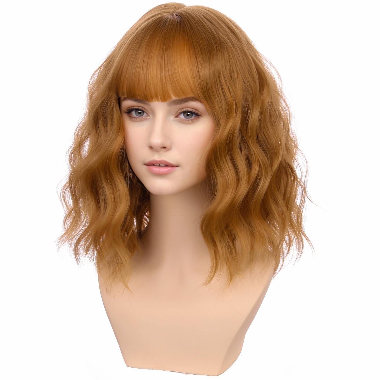 imageBlonde Wig Short Wavy Ash Blonde Wig with Bangs Flaxen Blonde Wigs for Women Girls Heat Resistant Synthetic WigsAsh BlondeStrawberry Blonde