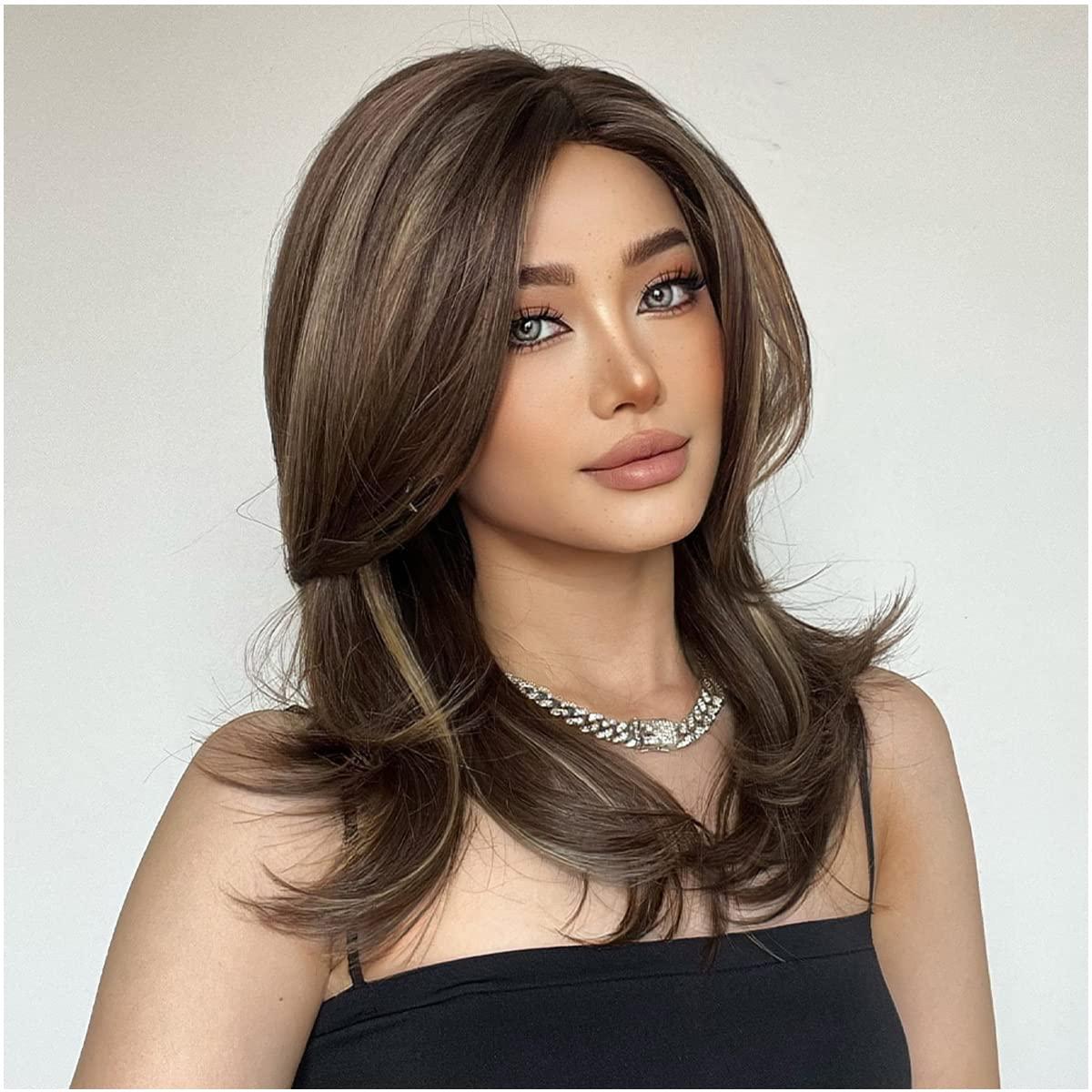 imageBrown Blonde Wig for Women Long Wavy Brown Wigs Brown Mixed Blonde Wigs Shoulder Length Layered Wig Heat Resistant Synthetic Wig with Wig CapBrown Mixed Blonde