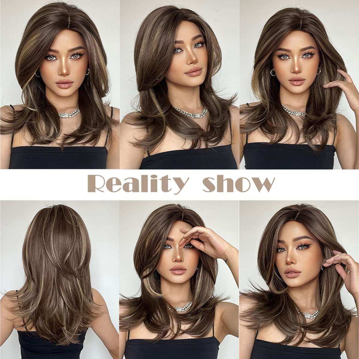 imageBrown Blonde Wig for Women Long Wavy Brown Wigs Brown Mixed Blonde Wigs Shoulder Length Layered Wig Heat Resistant Synthetic Wig with Wig CapBrown Mixed Blonde