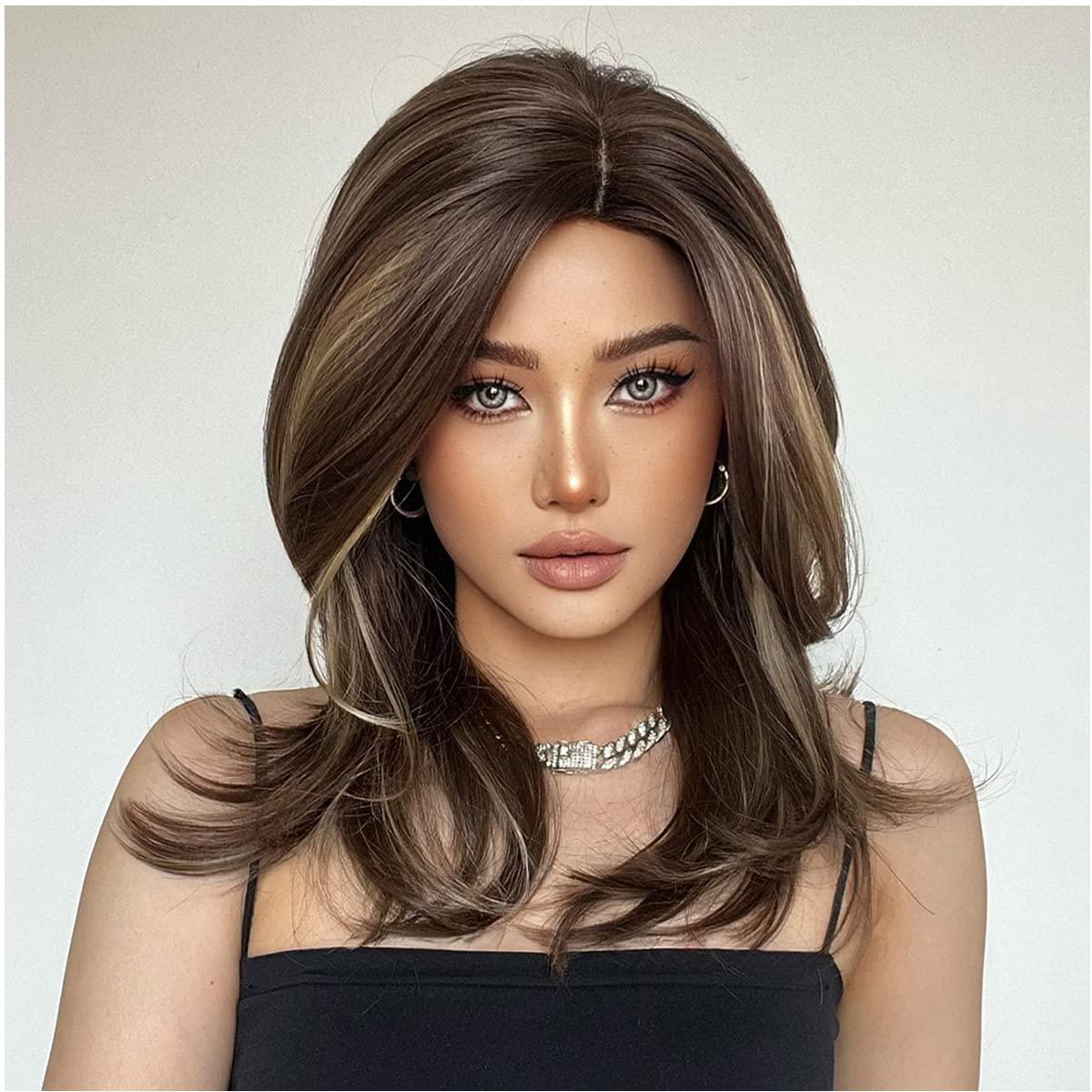 imageBrown Blonde Wig for Women Long Wavy Brown Wigs Brown Mixed Blonde Wigs Shoulder Length Layered Wig Heat Resistant Synthetic Wig with Wig CapBrown Mixed Blonde