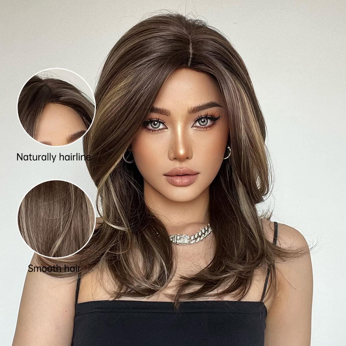 imageBrown Blonde Wig for Women Long Wavy Brown Wigs Brown Mixed Blonde Wigs Shoulder Length Layered Wig Heat Resistant Synthetic Wig with Wig CapBrown Mixed Blonde