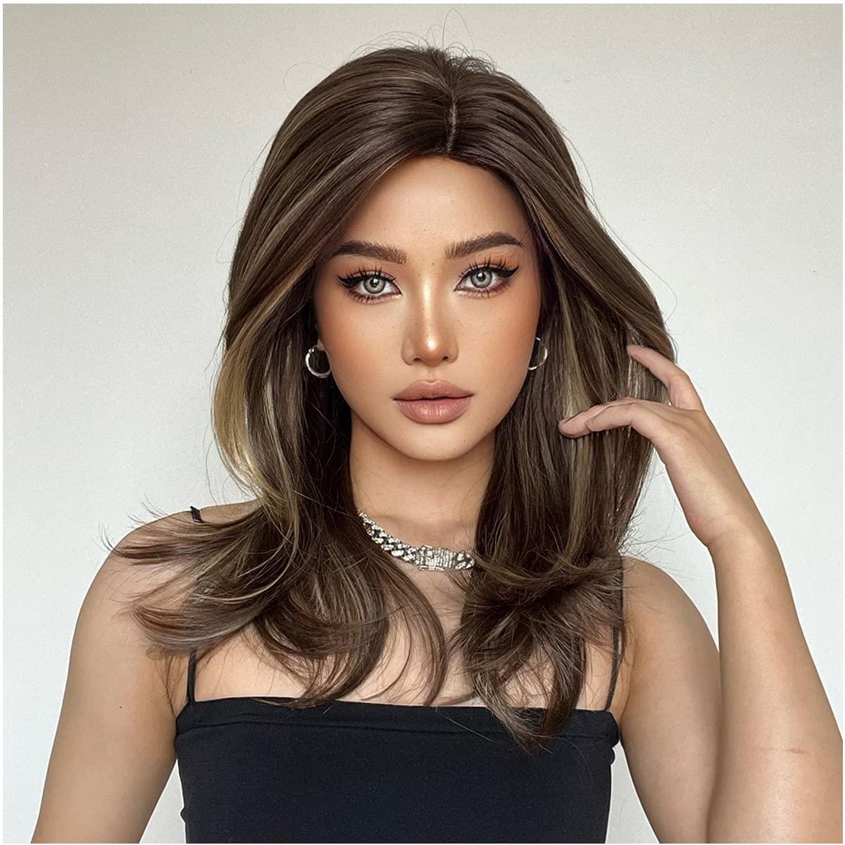 imageBrown Blonde Wig for Women Long Wavy Brown Wigs Brown Mixed Blonde Wigs Shoulder Length Layered Wig Heat Resistant Synthetic Wig with Wig CapBrown Mixed Blonde