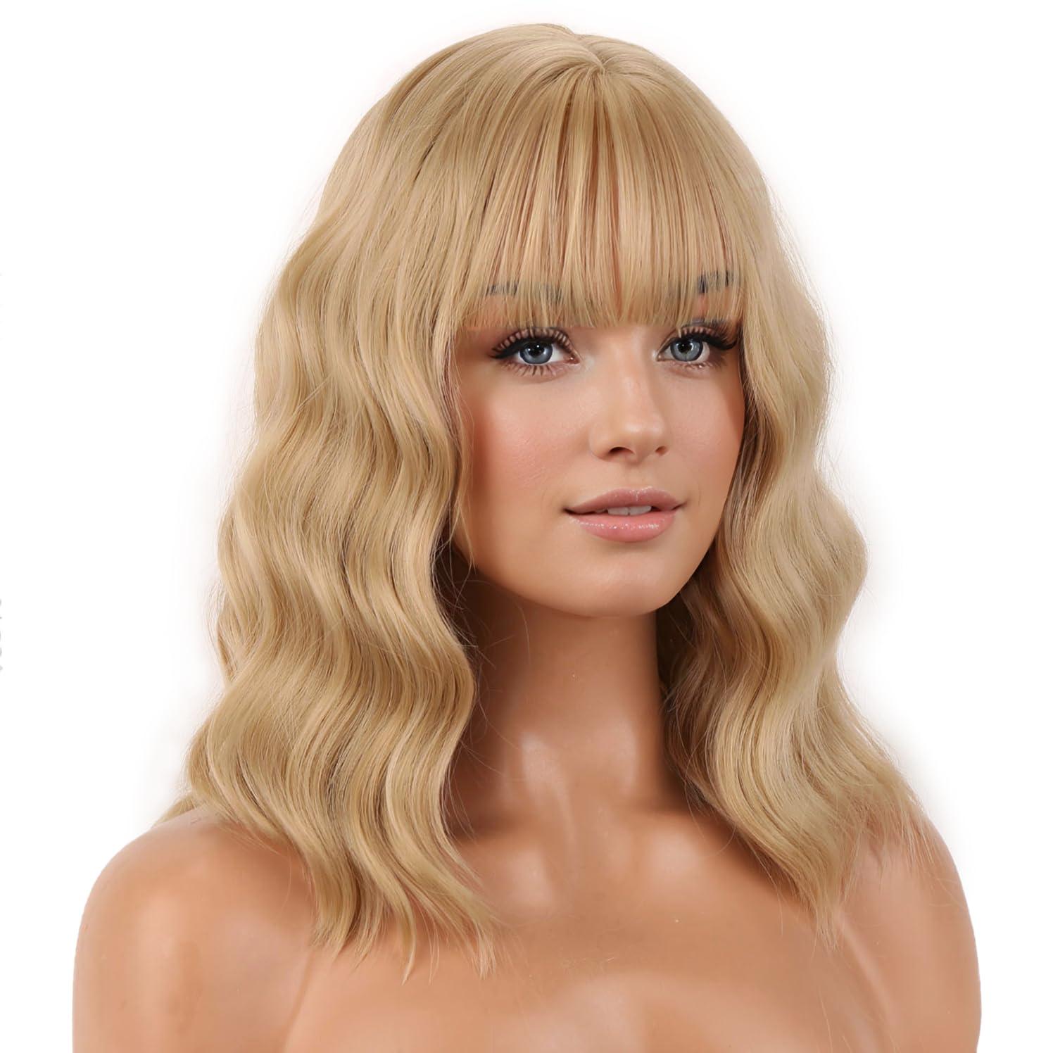 imageHot pink Wig for Women Neon Pink Wig with Bangs Girls Short Curly Wavy Wig Magenta Wig Synthetic Wig with Wig CapFlaxen Blonde