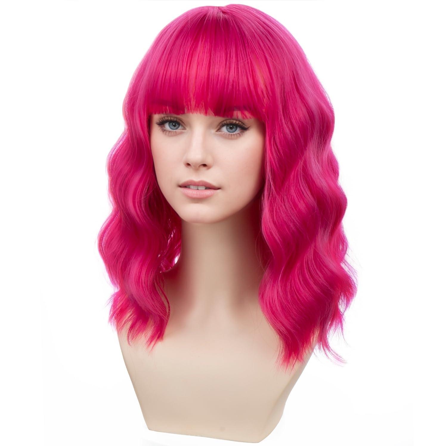 imageHot pink Wig for Women Neon Pink Wig with Bangs Girls Short Curly Wavy Wig Magenta Wig Synthetic Wig with Wig CapHot Pink