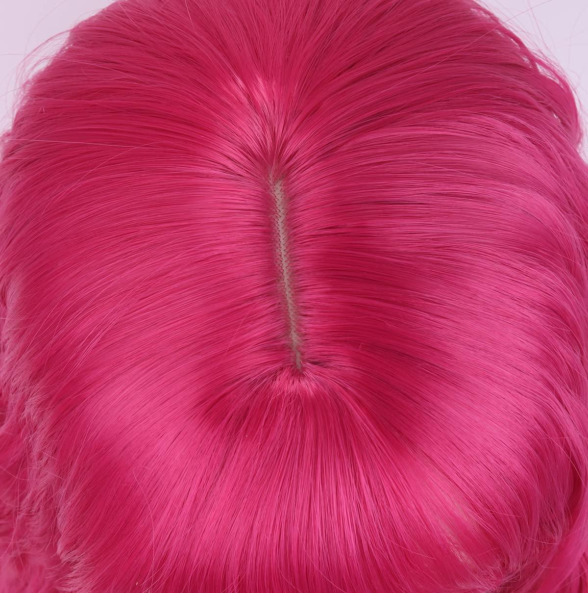 imageHot pink Wig for Women Neon Pink Wig with Bangs Girls Short Curly Wavy Wig Magenta Wig Synthetic Wig with Wig CapHot Pink