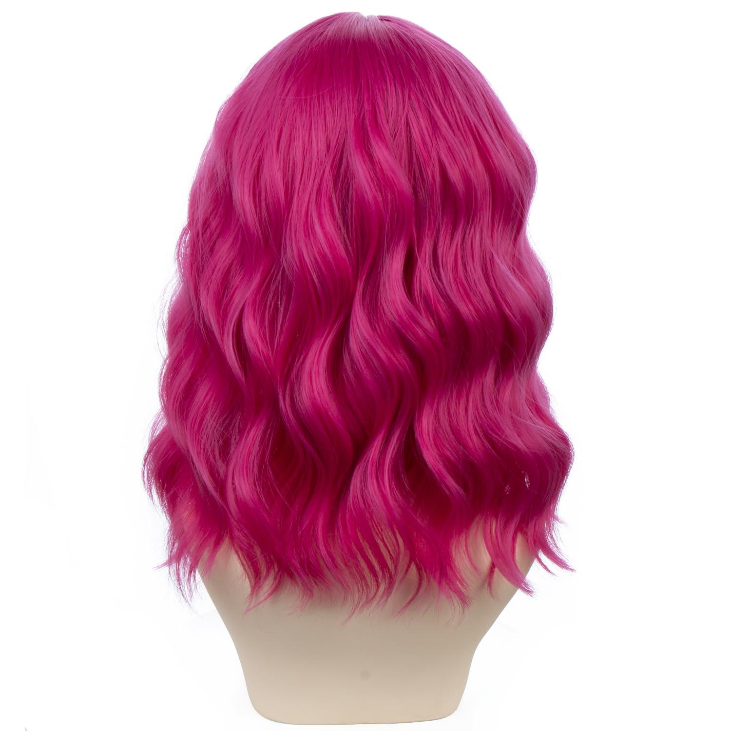imageHot pink Wig for Women Neon Pink Wig with Bangs Girls Short Curly Wavy Wig Magenta Wig Synthetic Wig with Wig CapHot Pink