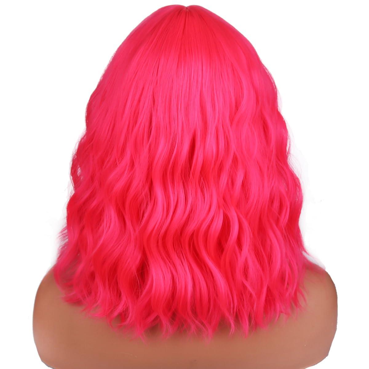 imageHot pink Wig for Women Neon Pink Wig with Bangs Girls Short Curly Wavy Wig Magenta Wig Synthetic Wig with Wig CapNeon Pink