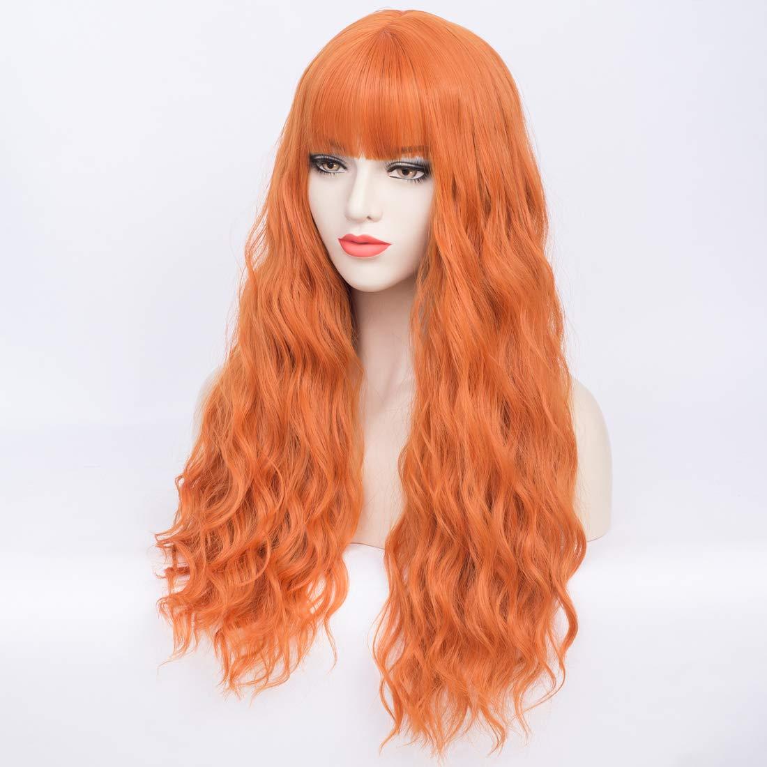 imageLong Blonde Wig with Bangs Long Curly Wavy Blonde Wigs for Women Mixed Blonde Synthetic Wig Mixed BlondeDark Orange