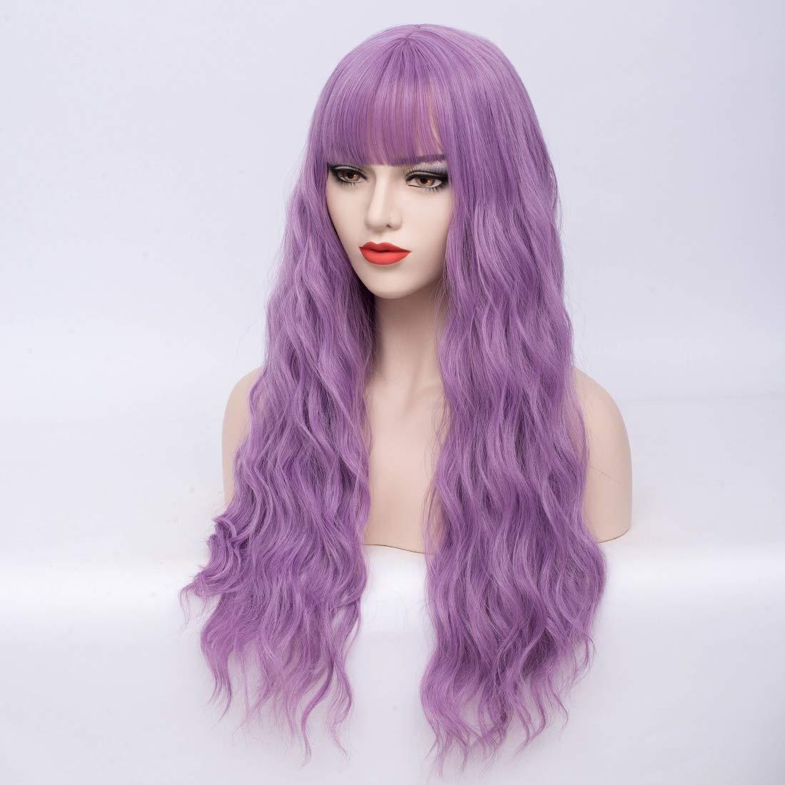 imageLong Blonde Wig with Bangs Long Curly Wavy Blonde Wigs for Women Mixed Blonde Synthetic Wig Mixed BlondeLavender Purple