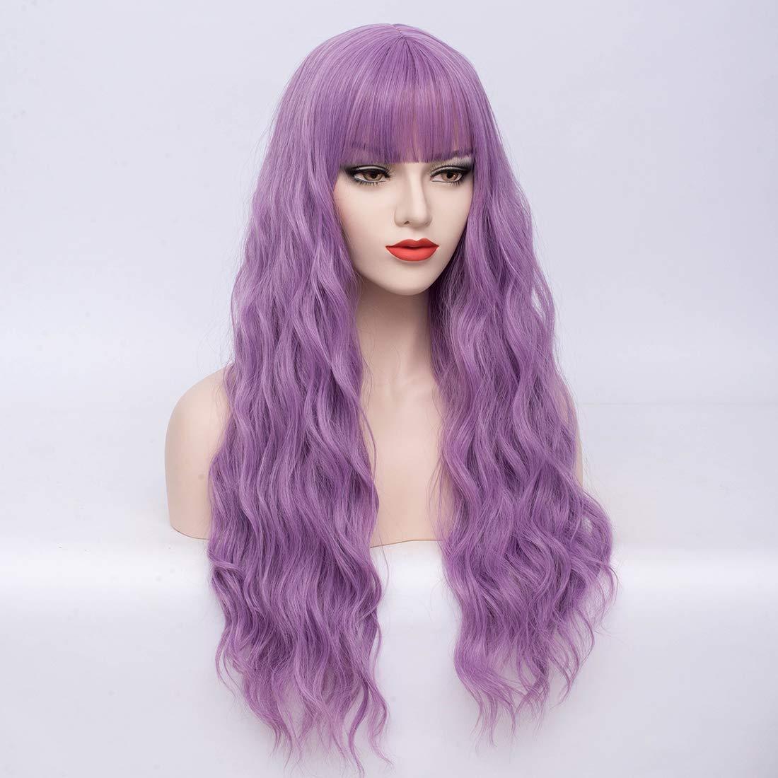 imageLong Blonde Wig with Bangs Long Curly Wavy Blonde Wigs for Women Mixed Blonde Synthetic Wig Mixed BlondeLavender Purple