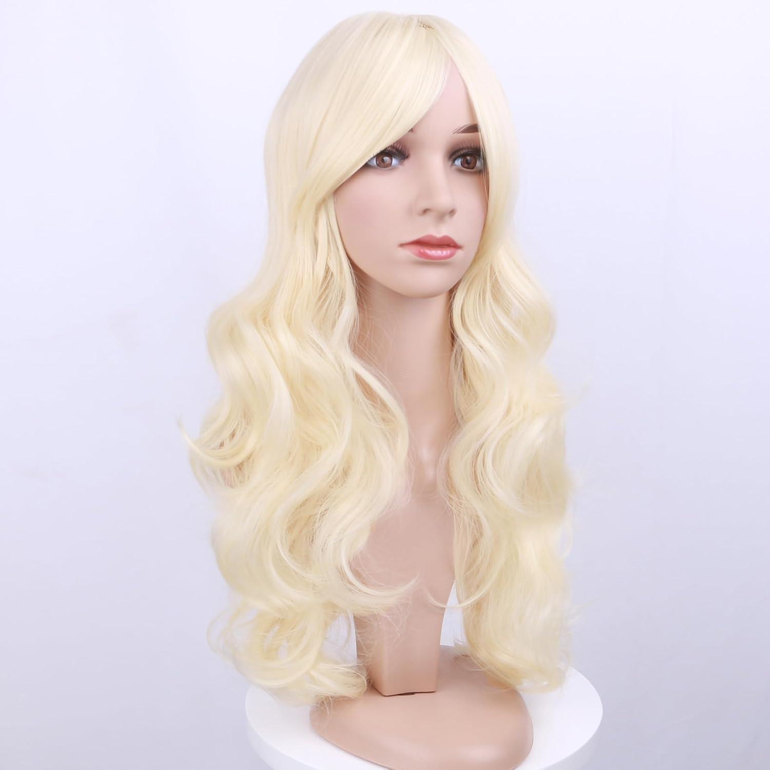 imageLong Blonde Wig with Bangs Long Curly Wavy Blonde Wigs for Women Mixed Blonde Synthetic Wig Mixed BlondeLight Blonde