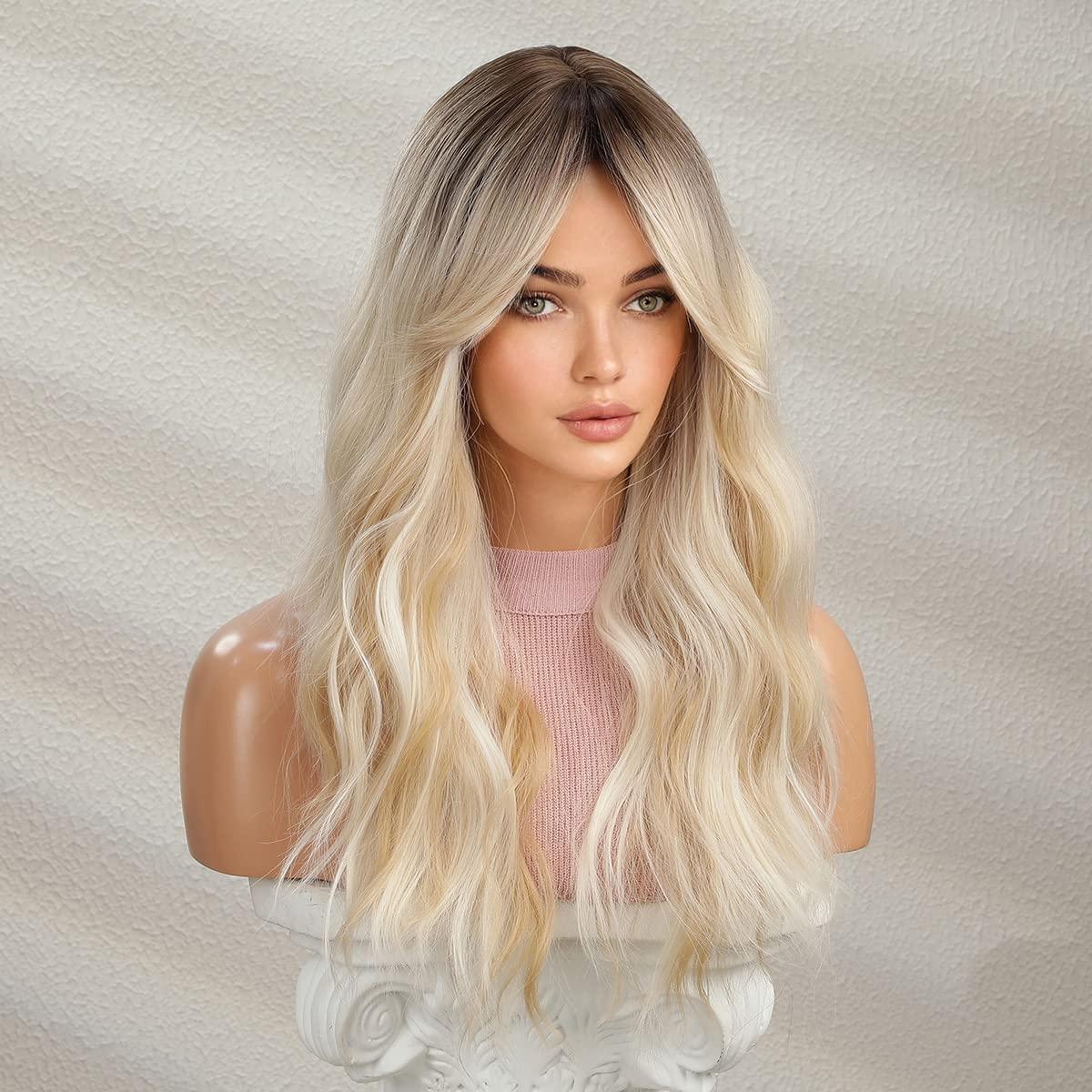 imageLong Blonde Wig with Bangs Long Curly Wavy Blonde Wigs for Women Mixed Blonde Synthetic Wig Mixed BlondeMixed Blonde