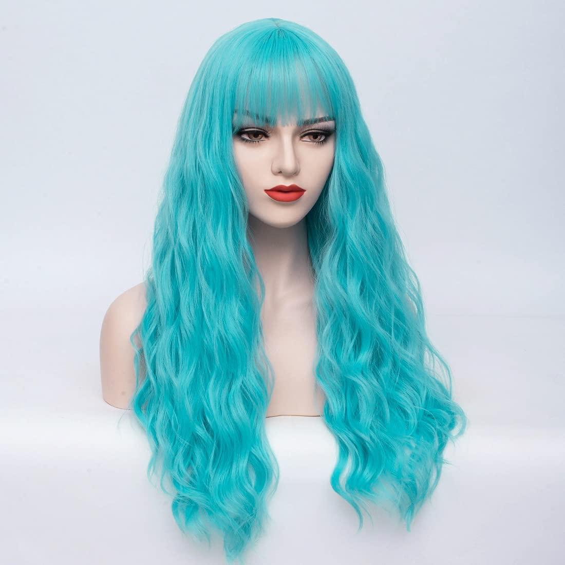 imageLong Blonde Wig with Bangs Long Curly Wavy Blonde Wigs for Women Mixed Blonde Synthetic Wig Mixed BlondeSky Blue