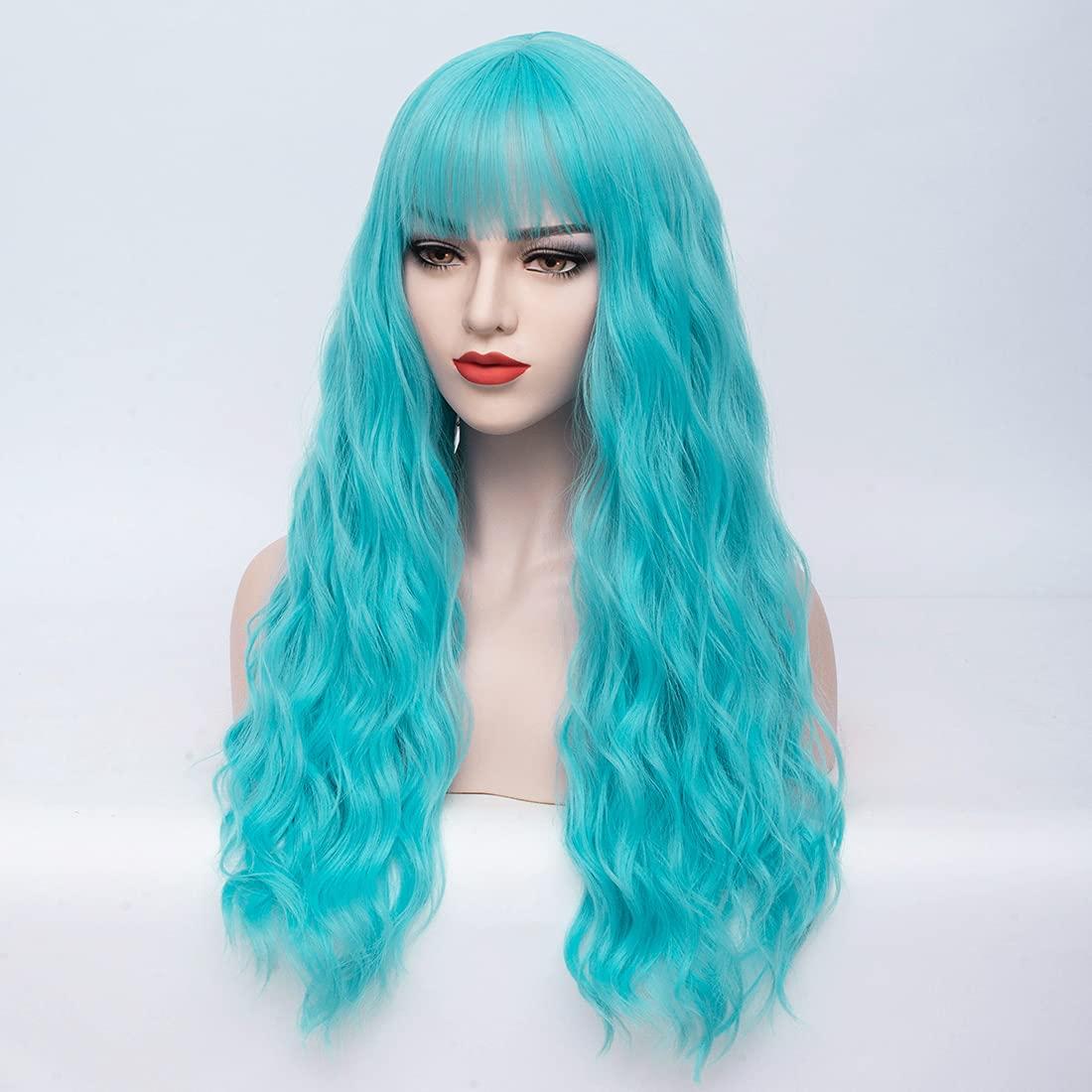 imageLong Blonde Wig with Bangs Long Curly Wavy Blonde Wigs for Women Mixed Blonde Synthetic Wig Mixed BlondeSky Blue