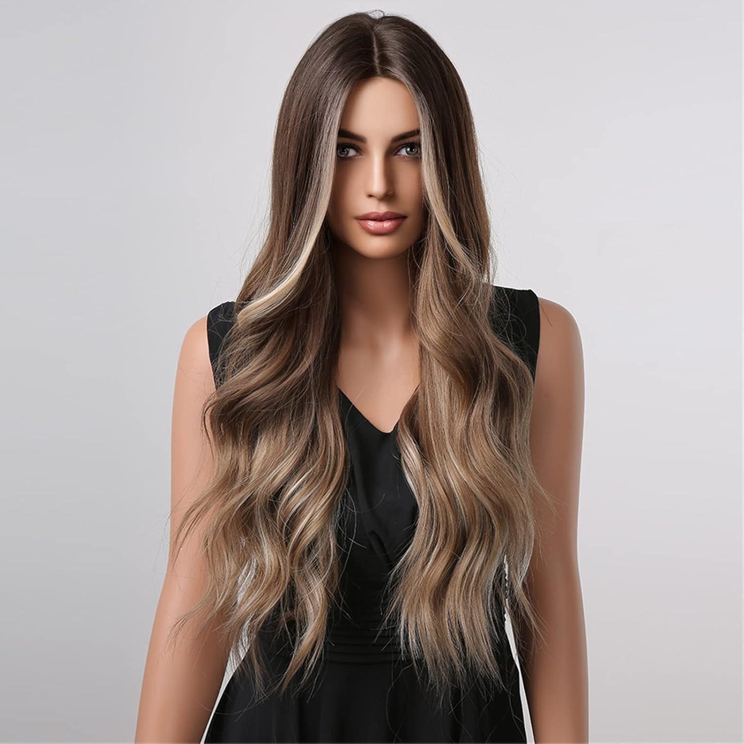 imageOmbre Blonde Wigs for Women Long Brown Mixed Blonde Wigs Long Wavy Curly Highlights Wig Heat Resistant Synthetic Wig with Wig Cap Ombre Brown BlondeOmbre Brown Blonde